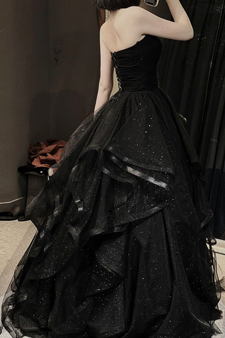 Black Shiny Sweetheart Strapless A-Line Long Party Dress Evening Gown,DP1861