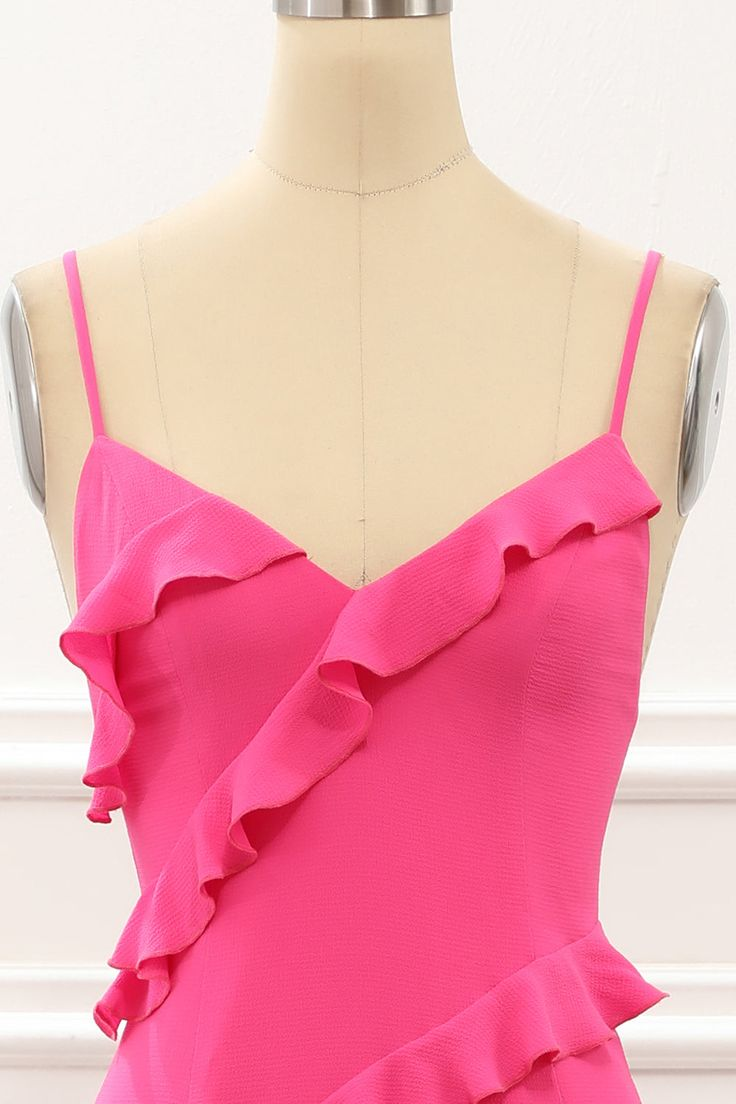 Hot Pink Straps Backless Ruffle Long Party Dress with Slit,DP1863