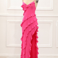 Hot Pink Straps Backless Ruffle Long Party Dress with Slit,DP1863