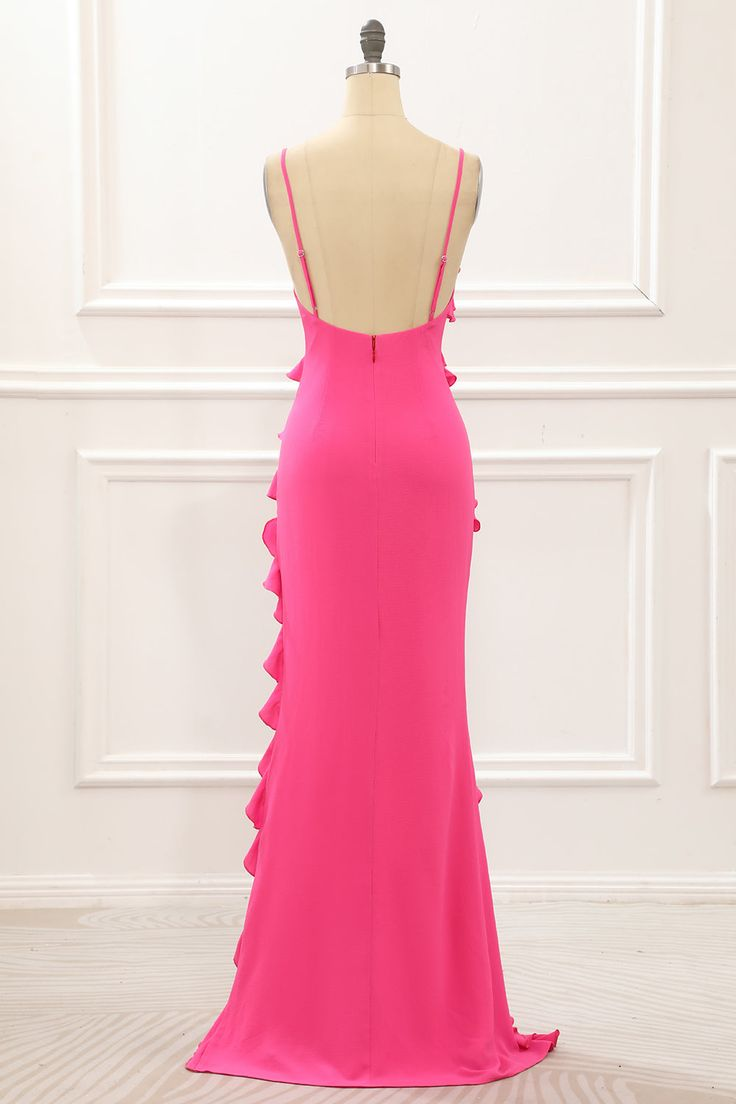 Hot Pink Straps Backless Ruffle Long Party Dress with Slit,DP1863