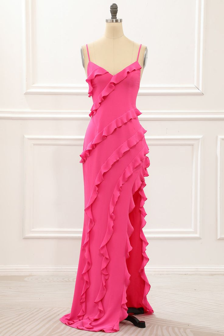 Hot Pink Straps Backless Ruffle Long Party Dress with Slit,DP1863