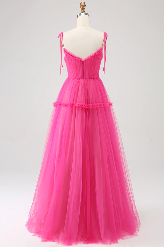 Hot Pink Princess A-Line Spaghetti Straps Tulle Long Prom Dress,DP1864