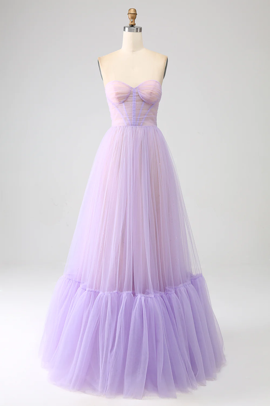 Lilac A-Line Strapless Corset Tulle Long Prom Dress,DP1865