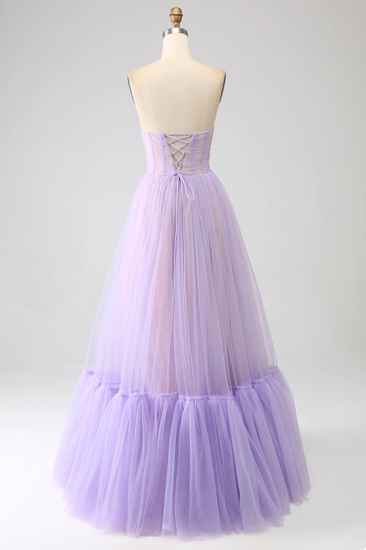 Lilac A-Line Strapless Corset Tulle Long Prom Dress,DP1865