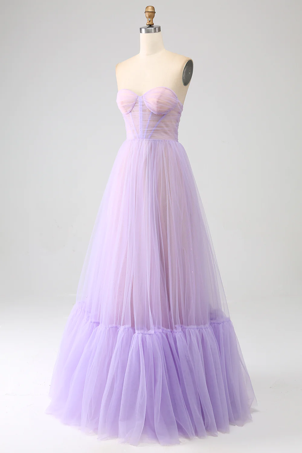 Lilac A-Line Strapless Corset Tulle Long Prom Dress,DP1865