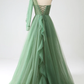 Green A-Line One Shoulder Ruffle Tulle Long Prom Dress,DP1866