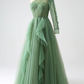 Green A-Line One Shoulder Ruffle Tulle Long Prom Dress,DP1866