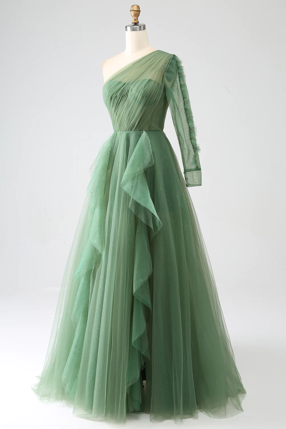 Green A-Line One Shoulder Ruffle Tulle Long Prom Dress,DP1866