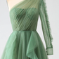 Green A-Line One Shoulder Ruffle Tulle Long Prom Dress,DP1866