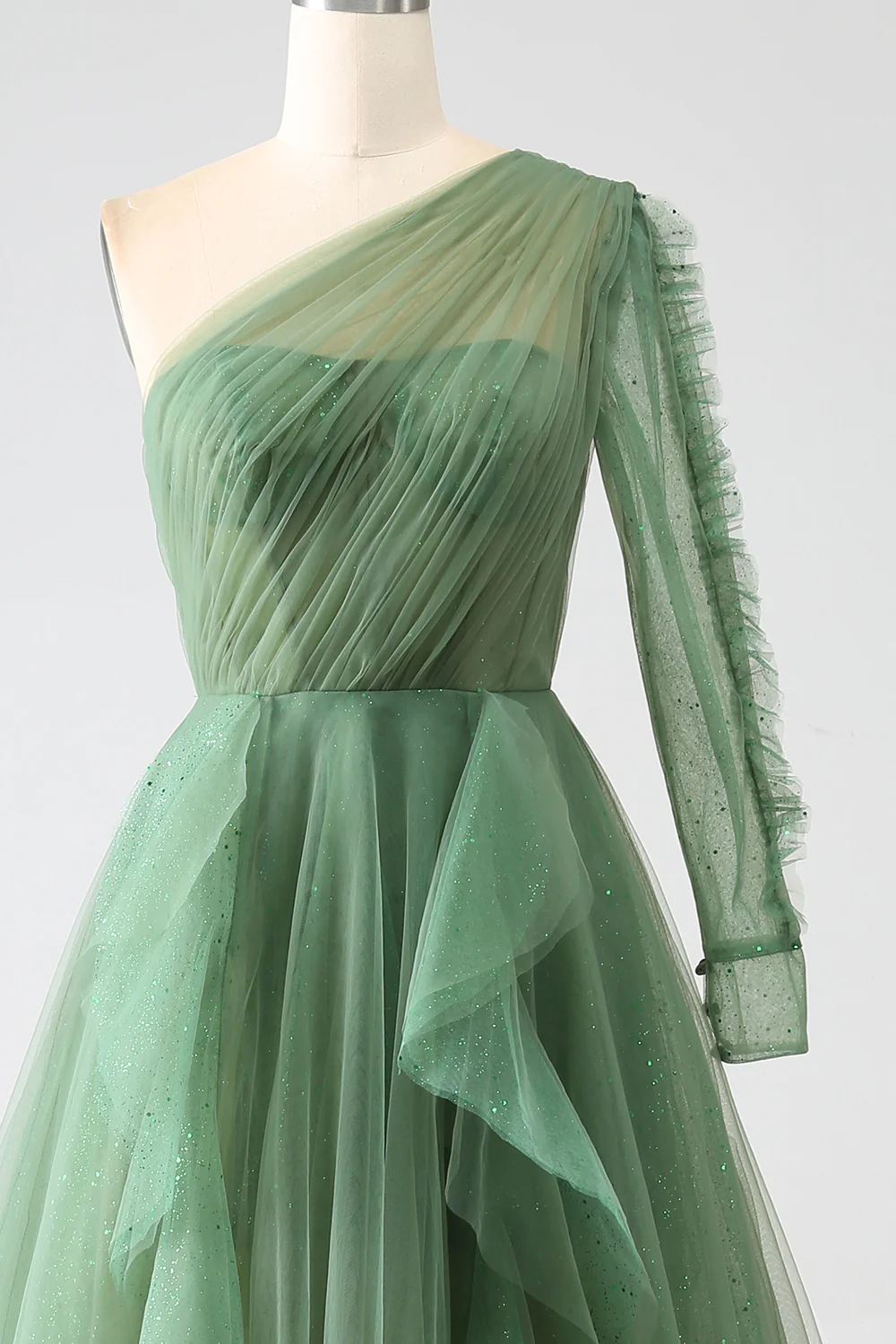 Green A-Line One Shoulder Ruffle Tulle Long Prom Dress,DP1866