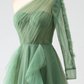 Green A-Line One Shoulder Ruffle Tulle Long Prom Dress,DP1866