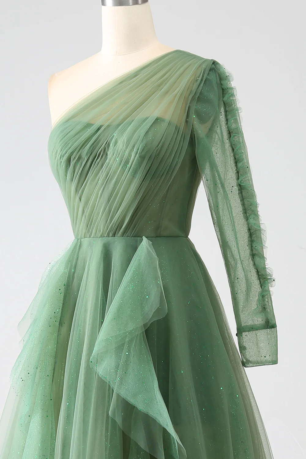 Green A-Line One Shoulder Ruffle Tulle Long Prom Dress,DP1866