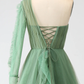 Green A-Line One Shoulder Ruffle Tulle Long Prom Dress,DP1866