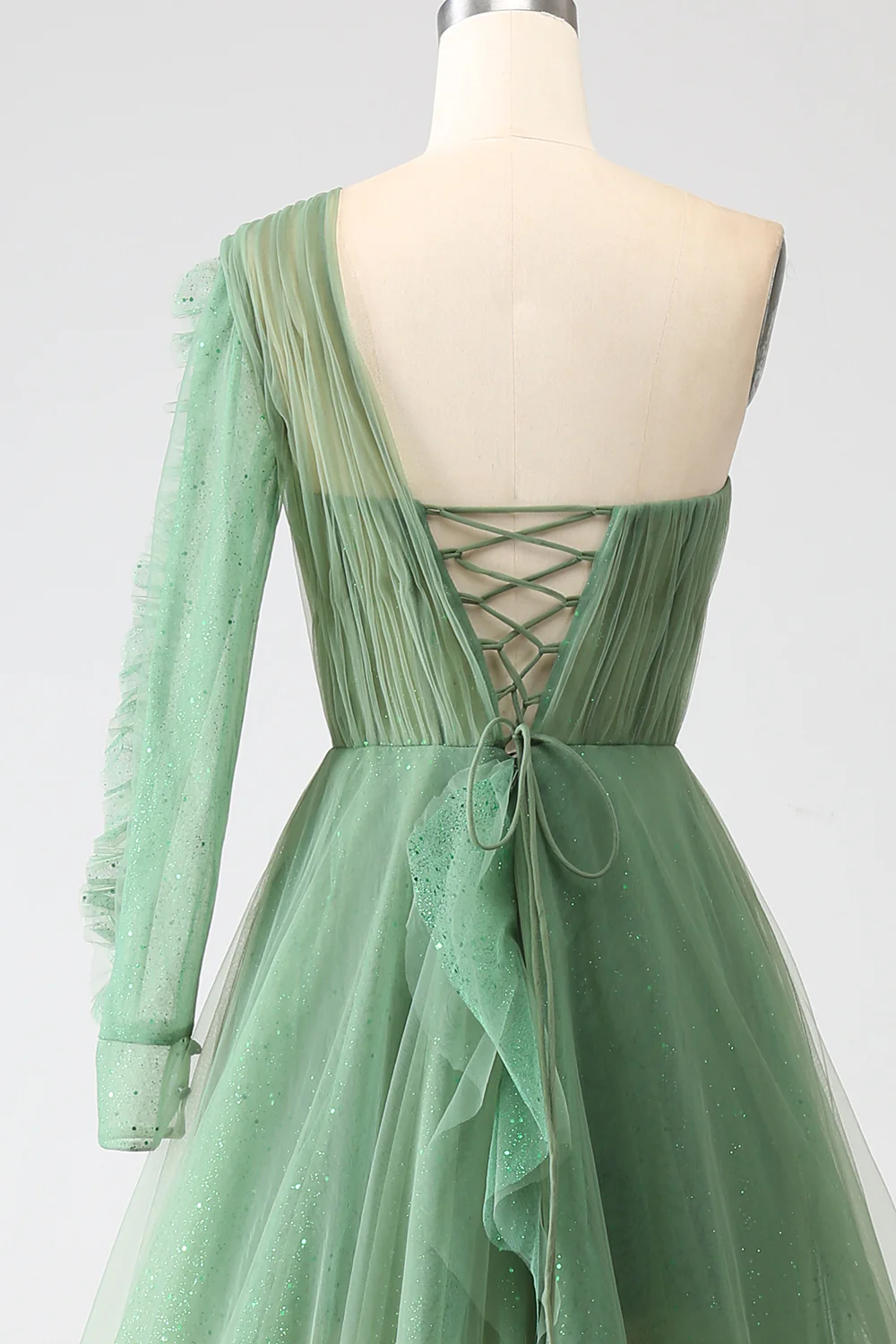 Green A-Line One Shoulder Ruffle Tulle Long Prom Dress,DP1866