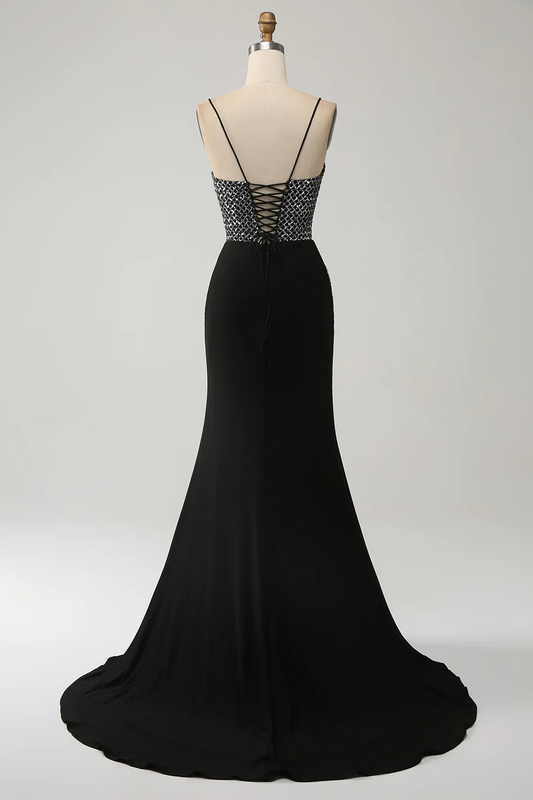 Gorgeous Black Spaghetti Straps Sequin Mermaid Long Prom Dress with Slit,DP1868