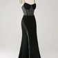 Gorgeous Black Spaghetti Straps Sequin Mermaid Long Prom Dress with Slit,DP1868