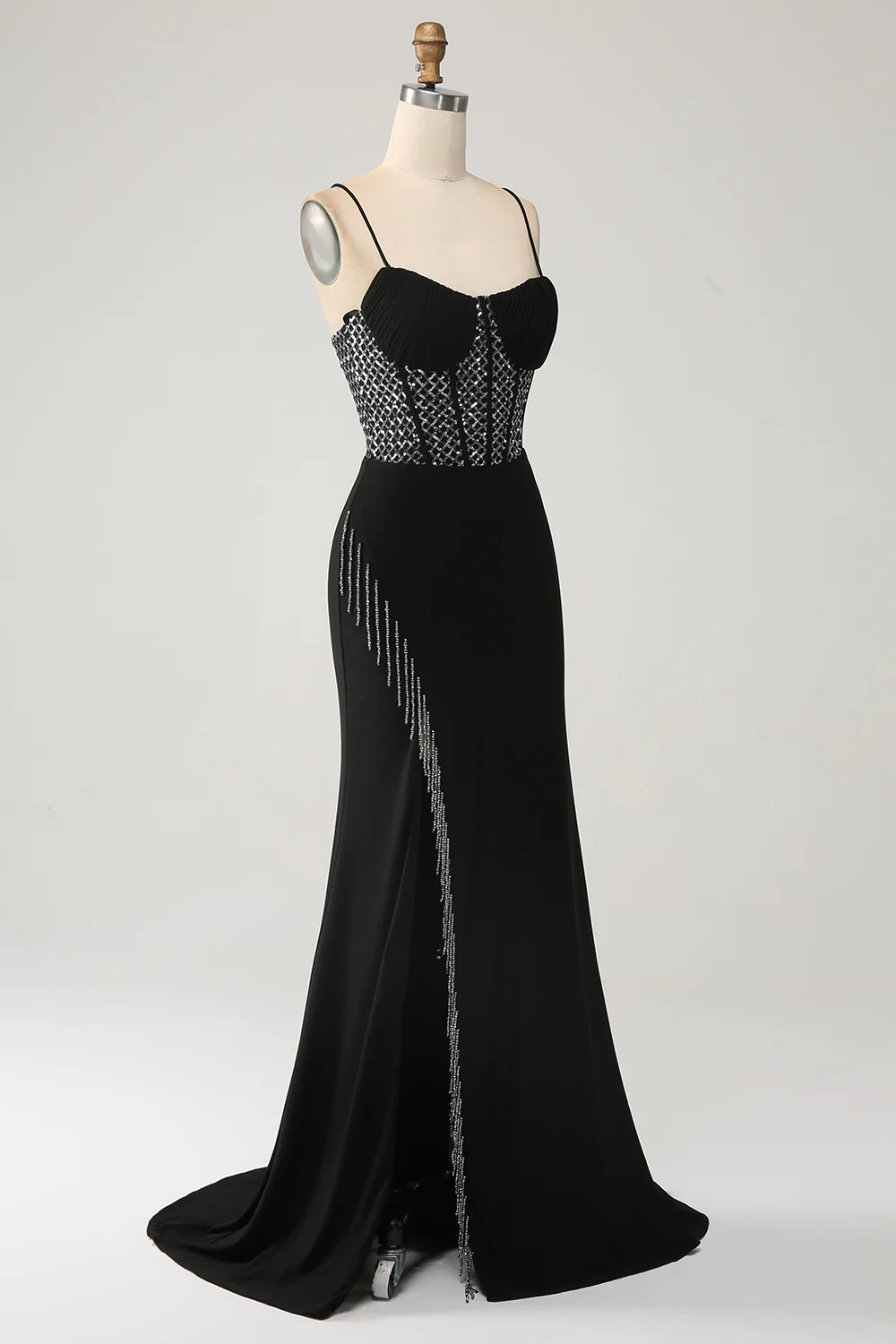 Gorgeous Black Spaghetti Straps Sequin Mermaid Long Prom Dress with Slit,DP1868