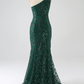 Sparkly Dark Green One Shoulder Sequin Mermaid Long Prom Dress with Slit,DP1869