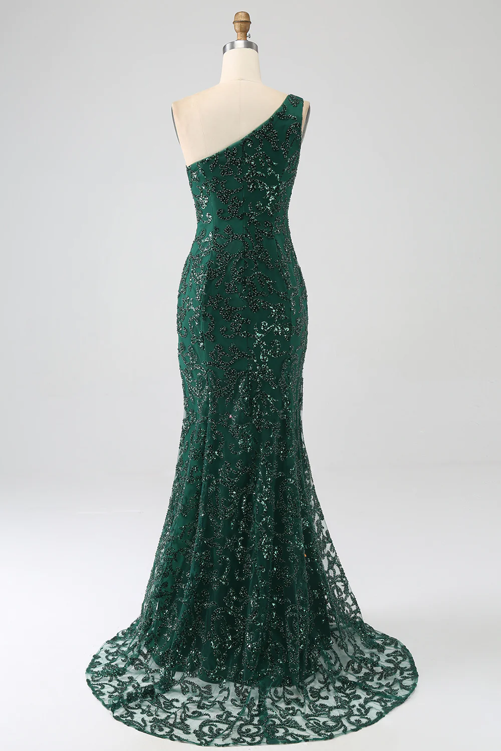 Sparkly Dark Green One Shoulder Sequin Mermaid Long Prom Dress with Slit,DP1869