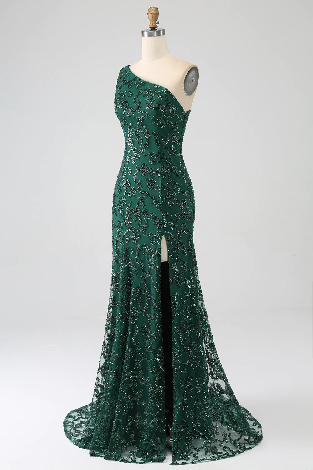 Sparkly Dark Green One Shoulder Sequin Mermaid Long Prom Dress with Slit,DP1869