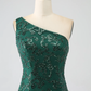 Sparkly Dark Green One Shoulder Sequin Mermaid Long Prom Dress with Slit,DP1869