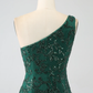 Sparkly Dark Green One Shoulder Sequin Mermaid Long Prom Dress with Slit,DP1869