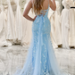 Blue Spaghetti Straps Tulle Mermaid Long Prom Dress with Appliques,DP1870