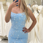 Blue Spaghetti Straps Tulle Mermaid Long Prom Dress with Appliques,DP1870