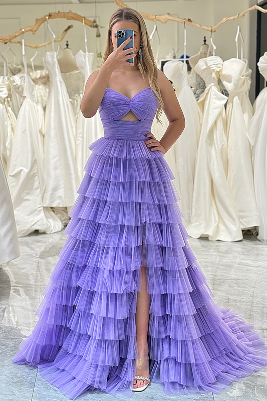 Purple A-Line Spaghetti Straps Tulle Tiered Long Prom Dress with Slit,DP1871