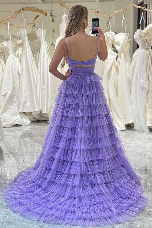 Purple A-Line Spaghetti Straps Tulle Tiered Long Prom Dress with Slit,DP1871