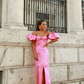 Pink Off Shoulder Satin Long Party Dress with Slit,DP1875