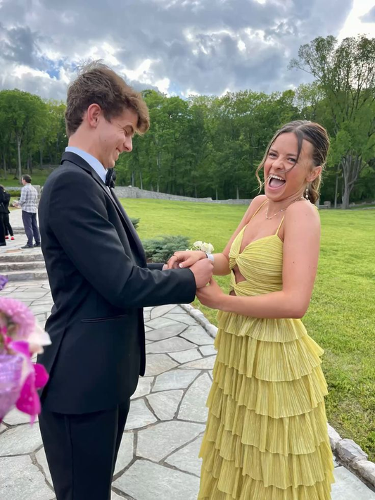 Yellow Spaghetti Straps A-Line Tiered Long Prom Dress,DP1881