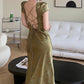 Green Satin Lace V Neck Cap Sleeves Long Party Dress,DP1891