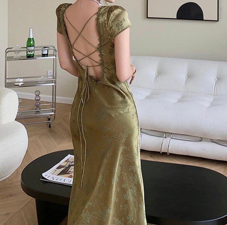 Green Satin Lace V Neck Cap Sleeves Long Party Dress,DP1891