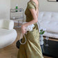 Green Satin Lace V Neck Cap Sleeves Long Party Dress,DP1891