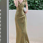 Green Satin Lace V Neck Cap Sleeves Long Party Dress,DP1891