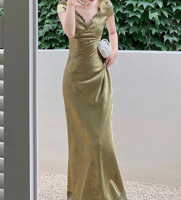 Green Satin Lace V Neck Cap Sleeves Long Party Dress,DP1891