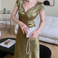 Green Satin Lace V Neck Cap Sleeves Long Party Dress,DP1891