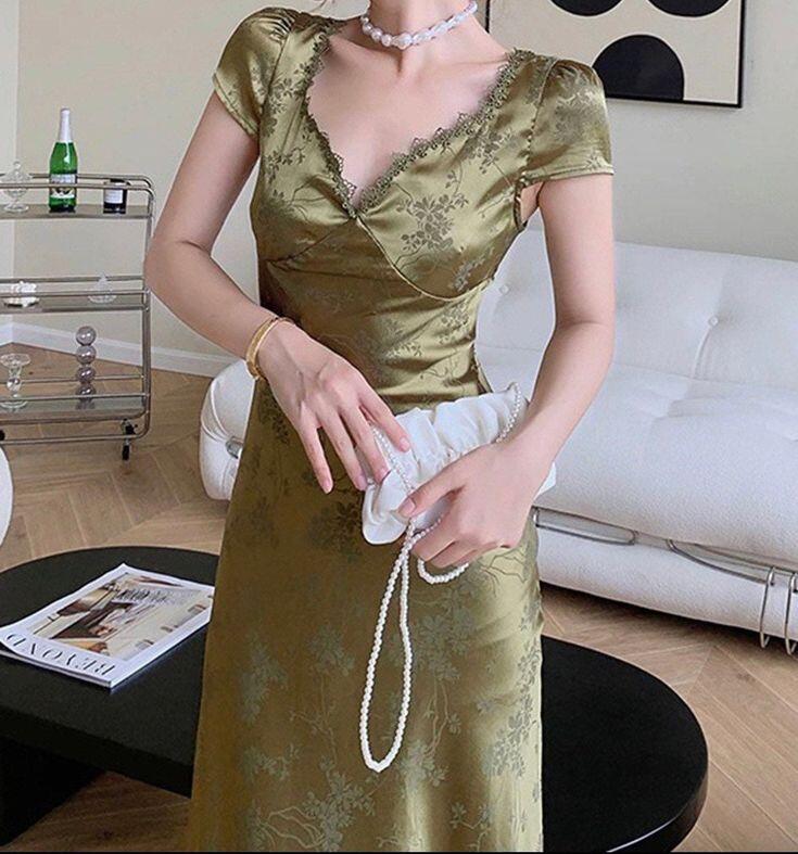 Green Satin Lace V Neck Cap Sleeves Long Party Dress,DP1891