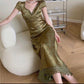 Green Satin Lace V Neck Cap Sleeves Long Party Dress,DP1891