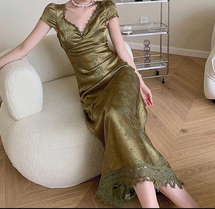 Green Satin Lace V Neck Cap Sleeves Long Party Dress,DP1891