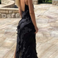 Black Spaghetti Straps Ruffle Mermaid Long Party Dress Wedding Guest Dress,DP1893