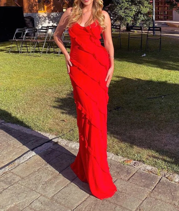 Red Spaghetti Straps Ruffle Mermaid Long Party Dress Wedding Guest Dress,DP1894