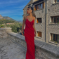 Red Spaghetti Straps Ruffle Mermaid Long Party Dress Wedding Guest Dress,DP1894