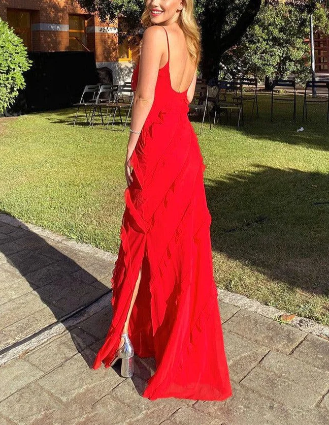 Red Spaghetti Straps Ruffle Mermaid Long Party Dress Wedding Guest Dress,DP1894