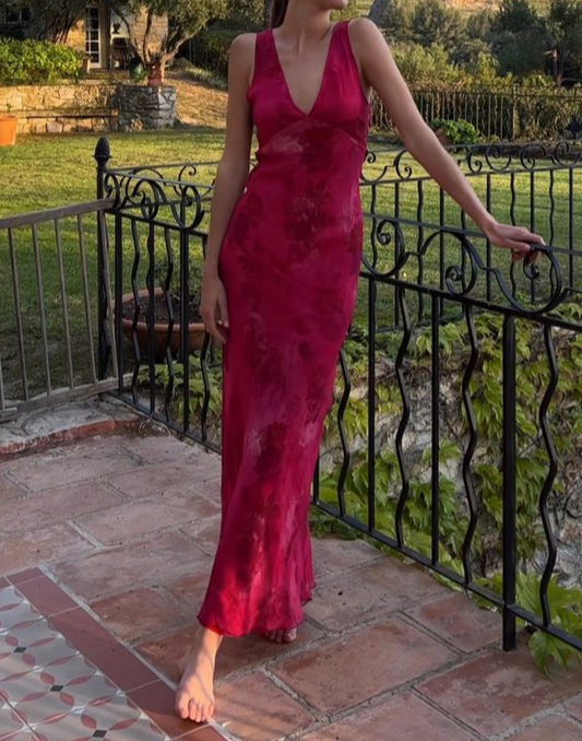 Elegant Fuchsia Floral Mermaid Deep V Neck Sleeveless Prom Dress DP1895