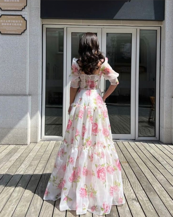 Floral Sweetheart A-Line Half Sleeves Chiffon Long Party Dress,DP1899