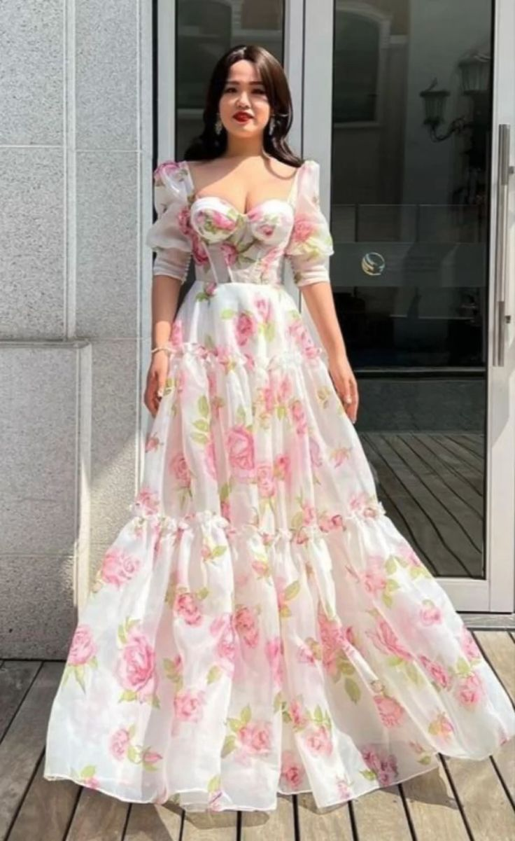 Floral Sweetheart A-Line Half Sleeves Chiffon Long Party Dress,DP1899