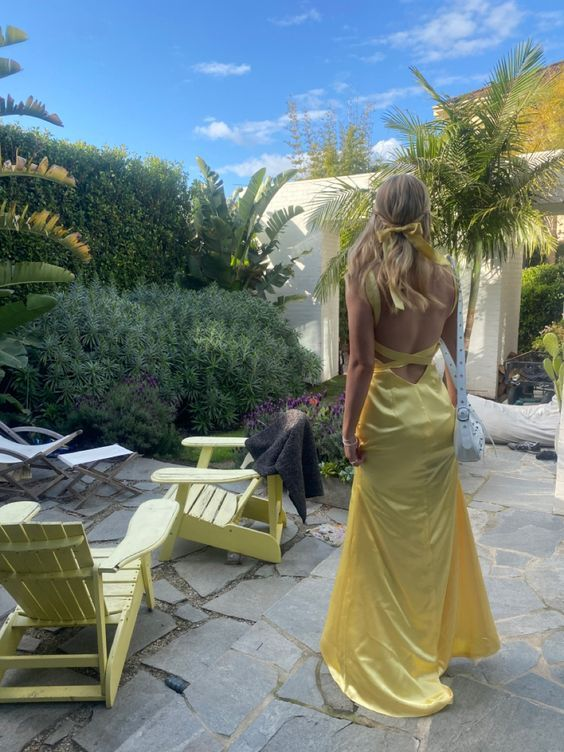 Yellow V Neck Backless Mermaid Long Party Dress,DP1907