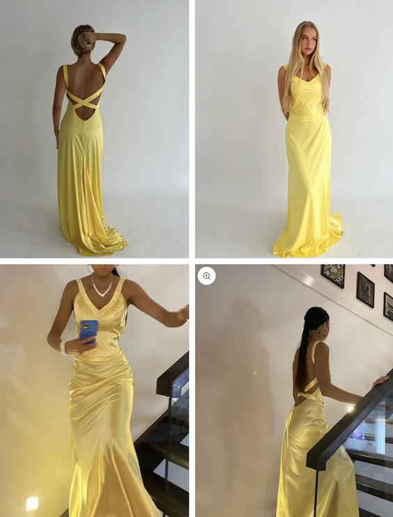 Yellow V Neck Backless Mermaid Long Party Dress,DP1907